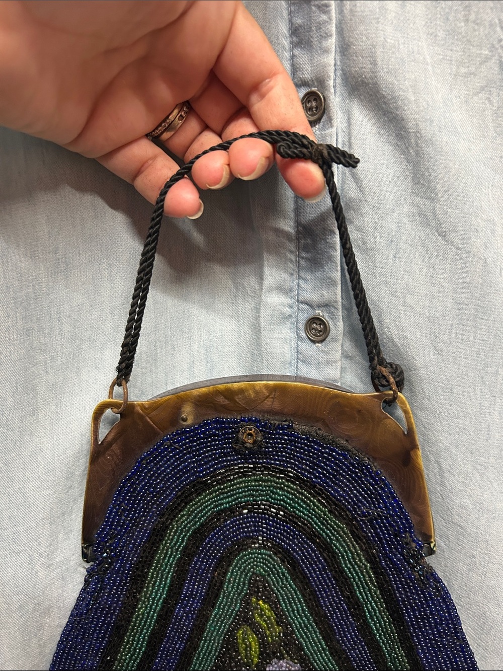 Vintage Beaded Floral Fringe Handbag in Navy, Green, Orange - Picture 5 of 10